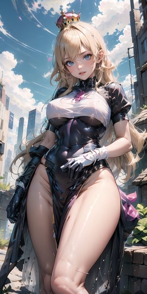 (masterpiece, best quality:1.5),(surreal:1.3), hdr, depth_of_field, vivid color, vibrance theme, intricate details,1girl, princess peach \(mario)\, blonde hair, blue eyes, long hair, crown, gem, gloves, (pink dress), (latex bodysuit), puffy sleeves, short sleeves, white gloves, hands_on_waist, looking_at_viewer, smirk, evil smile, frowning,confident, (from below:1.3), golden castle background, outdoors, clouds, cloudy_sky, (lightning), ,High detailed ,see-through,crop shirt underboob