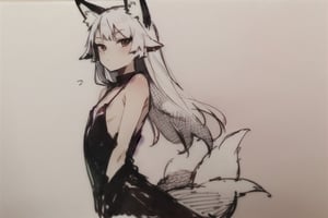 penSketch_style, ink sketch, 1girl, gray hair, sketch, tall, flat chest,neutral face, fox tail, Delicate skin tone