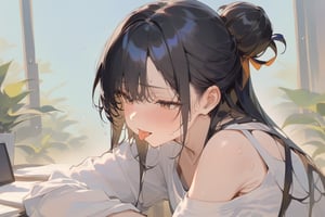 1girl, solo, black hair, low bun,  longhair, upper body, masterpiece, best quality, very aesthetic, absurdres, student, sweating, tongue-out, shy, 1 boy behide the the girl's shoulder