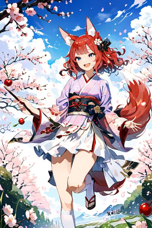 High detail, high quality, masterpiece, beautiful, dark, sky-blue eyes, fox ears, three nine tails, fangs, furry tails, tails, kitsune, (lavender kimono, sakura design, pink obi), white tabi socks, zori sandal, (light red hair, curly hair, medium-lenght hair, cherry hairpin), 1 young lady, small, thin, slim, elegant, smiling, smile, happy face, painting with brush, canvas, garden background, cherry blossom, cherry tree, falling petals, flowers