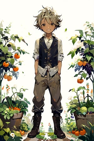 High detail, high quality, masterpiece, beautiful, dark, hazel eyes, brown skin, tanned skin, dark skin, (dark blonde hair, short hair, messy hair), (beige shirt, buttons), leather vest, dark brown pants, black boots,1 kid, boy, child, cheerful gaze, expression of happiness, smile, smiling, background of a vegetable garden, planting, vegetables, fruit trees, scratching the back of the neck, standing