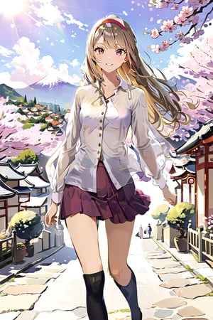 High detail, high quality, masterpiece, beautiful, dark, yellow eyes, (light brown hair, light locks, long hair, straight hair, straight frige, headband), (ocher blouse, loose blouse, buttons, purple ribbon, long sleeves), (lavender skirt, short skirt), shoes, (long socks, black socks), 1 adult woman, adult, woman, slim, slender, small stature, thin, thin waist, japanese town background, asian town, mountain, mounts, sunny, afternoon, walking, cherry trees, jolly expression, serious, small breast, tiny, tiny breast