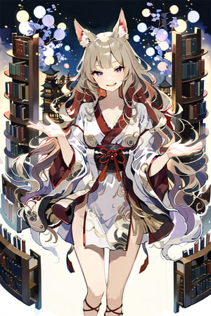 High detail, high quality, masterpiece, beautiful, dark, lilac eyes, fox ears, three fox tails, fangs, (medium-length wavy beige hair with fringe), red-toned yukata, zori sandals, small, tiny, slender, large bust, timid smile, young lady,  background of a library, many books, book towers, small spirits