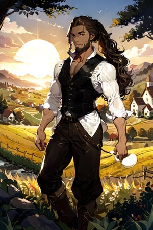 High detail, high quality, masterpiece, beautiful, dark, brown eyes, brown skin, large, big, very muscular, strong, thick, thick arms, thick shoulders, full beard, beard, dense beard, (brown hair, medium-lenght hair, wavy hair, gathered hair, low ponytail), (cream blouse), leather vest, (peasant pants, brown pants), (dark brown boots, low boots), 1 adult man, adult, alone, cheerful smile, countryside background, morning