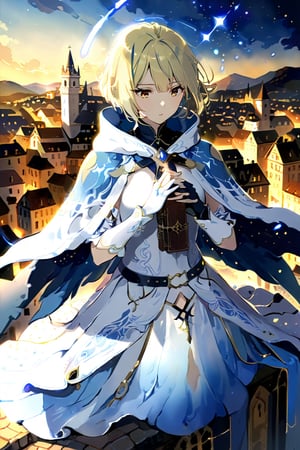 High detail, high quality, masterpiece, beautiful, dark, yellow eyes, (blonde hair, short hair, bob, strands), priestess attire, (white dress, long skirt, light blue details, belt), (long fingerless formal gloves), (white high-heeled boots, white leather), (celestial blue hooded cape), small, slender, small bust, 1 young woman, serious, thoughtful gaze, holding a bible to her chest with both hands, medieval city background.
