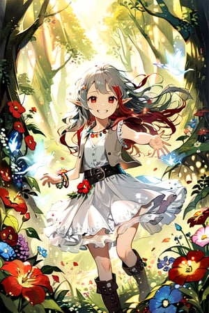 High detail, high quality, masterpiece, beautiful, dark, pointed ears, pale skin, white skin, red eyes, (grey hair, grey and red hair, red locks, long hair, messy hair), halfling, hobbit, (white dress, fit and flare), (light brown vest, short vest, open vest), (belt), floral necklace, boots, floral bracelet, 1 little girl, child, kid, magic forest background, magical forest, forest, fairy forest, flowers, plants, spirits, spirit, great smile, cheerful gaze, smiling