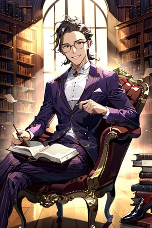 High detail, high quality, masterpiece, beautiful, dark, (round glasses), (medium unkempt beard), (short messy dark brown hair), very slim, (purple blazer with maroon vertical stripes), (dress pants, purple), (black pointed shoe), 1 young man, alone, mischievous smile, lascivious grin, (seated on a chair, open book in hand), library background.