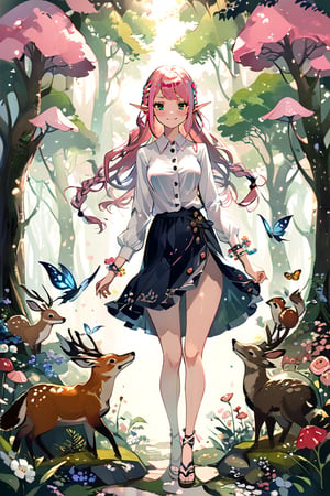 High detail, high quality, masterpiece, beautiful, dark, bright green eyes, pointed ears, (pastel pink hair, long hair, semi-gathered hair, tied with a braid), (white shirt, buttons), skirt, flower bracelet, sandals, slender, small, hobbit, short pointed ears, 1 adult woman, adult, shy smile, sweet gaze, thin, skinny, small breast, tiny, magical forest background, fairy forest, abundant flowers, lush trees, forest animals,yor briar