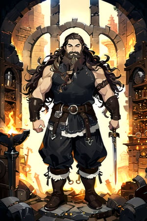 High detail, high quality, masterpiece, beautiful, dark, pointead ears, long beard, big beard, dwarf, thick, thick body, thick shoulders, thick arms, (dark brown hair, long hair, wavy hair, braids, gathered), (dark beard, long beard, braided beard), leather sleeveless shirt, baggy pants, long boots, thick belt, 1 adult dwarf man, man, short, big smile, smiling, gentle gaze, friendly gaze, small stature, blacksmith, blacksmithing, forge background, metal, molten metal, anvil, maze, weapons, swords, tools, forging 