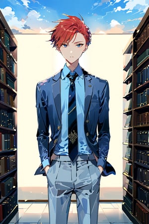 High detail, high quality, masterpiece, beautiful, dark, skyblue eyes, (red hair, short hair, quiff haircut, quiff hairstyle), (sky-blue shirt, buttons, tie, necktie), blue cardigan, grey pants, black pointed shoes, 1 young boy, boy, teen, teenage, strong, slim, slender, tall, serious gaze, standing, library background, bookshelves, books, bookshelf, library 