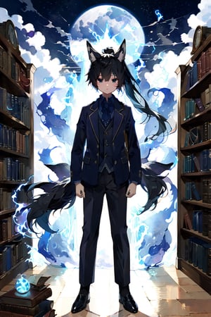 High detail, high quality, masterpiece, beautiful, dark, purple eyes, kitsune, semi-human, fox tails, 3 tails, furry tails, fox ears, (black hair, long hair, semi-gathered hair, messy hair, ponytail), (sky-blue shirt, inside shirt, buttons, blue kerchief), (navy blazer, buttoned blazer), ultramarine bows, dress pants, pointed shoes, 1 little boy, kid, child, boy, solo, elegant, intimidating, serious expression, looking forward, standing, masculine, arrogant gaze, tall, strong, library background, books, spirits, bookshelf, bookshelves, magic books,holo