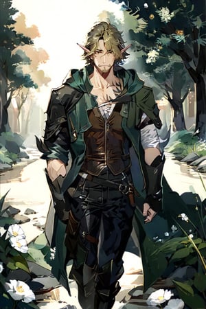 High detail, high quality, masterpiece, beautiful, dark, half-elf, pale skin, pointed ears, elf ears, long ears, (dark blonde hair, very short hair, short hair, messy hair), green eyes, scas, face scars, eye scar, one eye, (light green hooded jacket), (cargo pants, beige), (brown leather vest), (high black boots), 1 adult man, forest background, flowers, bushes, scarface, one-eyed, one-eyed blinded, blind in one eye, scar in the face, scar, scar face, one arm, dutch beard, beard, chin curtain beard, walking, midday, rought face, strong, muscular, big, thick, cold gaze, thick shoulders, thick arms