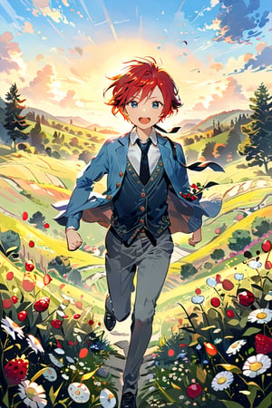 High detail, high quality, masterpiece, beautiful, dark, skyblue eyes, (red hair, short hair, messy haircut), (sky-blue shirt, buttons, tie, necktie), blue cardigan, grey pants, black pointed shoes, 1 little boy, child, kid, strong, slim, slender, tall, happy gaze, running, meadow background, flowers, bushes, berries