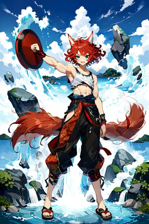 High detail, high quality, masterpiece, beautiful, dark, sky-blue eyes, fox ears, fox tails, fangs, furry tails, tails, kitsune, sky-blue eyes, (light red hair, curly hair, short hair, messy hair), (fitted sleeveless shirt, fitted), baggy pants, chinese fabric sandals, fabric belt, strong, muscle , big muscles, very muscular, muscular, abs, six-pack, tall, 1 young man, teen, teenage, male, masculine, thick shoulders, big, thick, thick arms, training, martial artist, lagoon background, stones, water, waterfall, firm expression, serious face, qi, ki, angry, determined, serious, kicking the air, kicking, kick, discipline, concentrate 