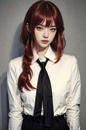 (masterpiece,  top quality,  best quality,  official art,  beautiful and aesthetic:1.2),  (1girl:1.3),  heterochromia , photorealistic, yellow eyes, reddish haired, white shirt, black tie, black trousers,Realism