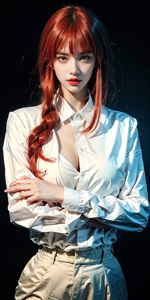 Cyberpunk girl in dystopian cyberpunk megapolis. Steam, neon, volumetric, (masterpiece,  top quality,  best quality,  official art,  beautiful and aesthetic:1.2),  (1girl:1.3),  heterochromia , photorealistic, 1girl, red eyes, red hair, white shirt, black tie, black trousers,Realism, half body shot, half body closeup, huge breast, huge cleavage