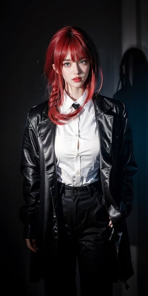 Cyberpunk girl in dystopian cyberpunk megapolis. Steam, neon, volumetric, (masterpiece,  top quality,  best quality,  official art,  beautiful and aesthetic:1.2),  (1girl:1.3),  heterochromia , photorealistic,red hair, shirt, tie, black trousers,Realism.