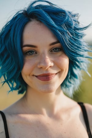 uppper body of 22 years old blue hair woman, smiling under the sunlight