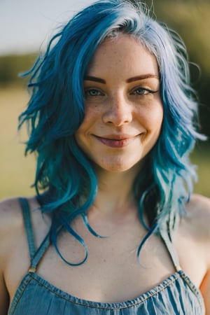 uppper body of 22 years old blue hair woman, smiling under the sunlight