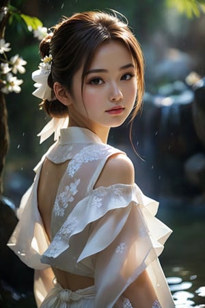 1girl,8k wallpaper,extremely detailed figure, amazing beauty, detailed characters, pure, cute, innocent, hair tied up, white trendy dress, light and shadow, depth of field, light spot, reflection,upper body, Japan hot spring, slim face, aesthetic portrait, 