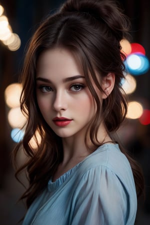 1girl,8k wallpaper,extremely detailed figure, amazing beauty, age 18, pale skin, hair tied up, detailed characters, light and shadow, depth of field, light spot, reflection,upper body,night , street, slim face,aesthetic portrait