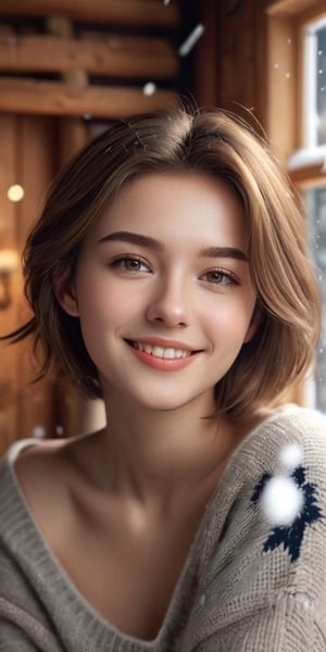 20yo,  long  light brown short hair, looking smart and bright, with a smile on her face, looking charming and cute. inside a wooden  house, conjacent sides of walls with big windows, snowing outside the big windows behind, fireplace , sitting on the bed .

Super real, extremely realistic, realistic style, photo style, movie style,Perfect beautiful female face,european women,1girl,Dynamic poses, dynamic angle shot