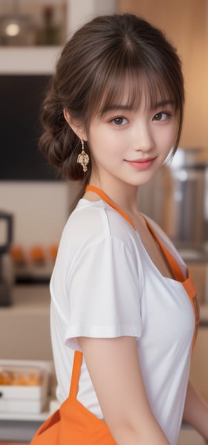 1 girl, very bright backlighting, solo, {beautiful and detailed eyes}, large breasts, dazzling moonlight, calm expression, natural and soft light, hair tied up, close up, delicate facial features, Blunt bangs, beautiful korean girl, eye smile, long earrings,(working at bean wearing a white T-shirt and a orange apron:1.3),23yo, film grain, realhands,shy smile,Realism