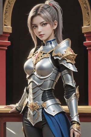 (masterpiece, top quality, best quality, official art, aesthetic:1.2), {1girl, 18Years, bright skin, gorgeous bright face detailed, Beautiful Face, gergeous extremely hands detailed, full body:1.8, large breasts:1.2, slim body:1.4, slim thighs:1.4, long legs:1.4, front view, walking towards viewer}, (cool light, abstract, fractal art:1.0), highest detailed, 

{extremely Ponytail hair, Silver Ash hair color},

(extremely gorgeous dedicated Yugi armor, dedicated Leggings armor),