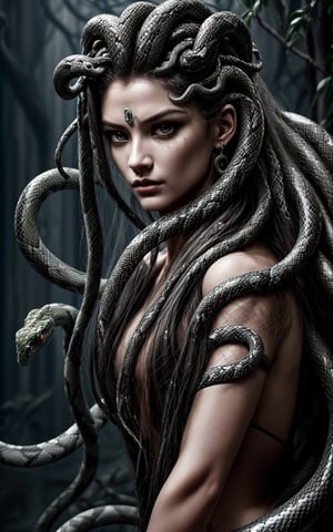 (best quality, 8K, high resolution, masterpiece), ultra detailed (half face of Medusa with snake hair),realistic, more snakes in the hair,I don't have hair, but I do have snakes by hair. woman with no hair just snakes I want Medusa from Greek mythology, attractive face with snake hair, several snakes on her head, Medusa with a strikingly detailed arrangement of snake hair, capturing the intensity of his gaze and the serpentine nature of his features. The snake hair writhes and twists in a fascinating display of movement, each individual scale and sliding motion rendered with precision and care. The overall composition is both captivating and fearsome, evoking the mythological power and allure of the legendary Gorgon, Mesuda the wife of Zeus, 1girl ,Lamia,girl with snake,apocalypse,Movie Still, ssjsy,perfecteyes eyes