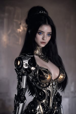 (photorealistic: 1.2),  good anathomy, good proportions, Her body is made of metals and carbon fiber polished with a golden color, despite being a metallic body she still maintains her feminine face, with delicate features, eyes as blue as the sky, full lips, face gentle. Extremely long hair, very straight hair. Her head is topped with an intricate headdress adorned with sparkling crystals and delicate filigree, adding an air of royalty to her already majestic bearing. Her body is filled with mechanized and moving parts as well as some precious stones representing the royal family. each ending in delicate metal fingers or tentacles. The robotic nature of her form is further emphasized by the way she appears to float effortlessly above the ground, her movements fluid and graceful despite the obvious artificiality of her construction. She stands in a dimly lit chamber, the light reflecting off the polished metal surface of her, casting an otherworldly glow around her.,3va,photorealistic,,Detailedface,perfecteyes eyes,purple theme, monochrome