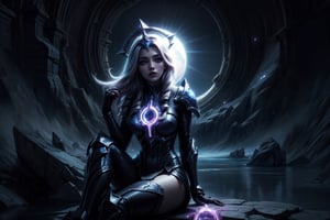 amazing quality, masterpiece, best quality, absurdres, beautiful, detailed shadow, aesthetic,,eclipse leona from league of legends, 1girl, big eyes, beautiful korean girl, looking at viewer, solo)Digital artwork, otherworldly landscape, (futuristic revealing attire), ethereal glow, dynamic pose, immersive environment, neon accents, (Tron-inspired), (fantastic game world),1 girl,sitting moon,wrenchfaeflare,leona