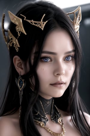 (photorealistic: 1.2),  good anathomy, good proportions, Her body is made of metals and carbon fiber polished with a golden color, despite being a metallic body she still maintains her feminine face, with delicate features, eyes as blue as the sky, full lips, face gentle. Extremely long hair, very straight hair. Her head is topped with an intricate headdress adorned with sparkling crystals and delicate filigree, adding an air of royalty to her already majestic bearing. Her body is filled with mechanized and moving parts as well as some precious stones representing the royal family. each ending in delicate metal fingers or tentacles. The robotic nature of her form is further emphasized by the way she appears to float effortlessly above the ground, her movements fluid and graceful despite the obvious artificiality of her construction. She stands in a dimly lit chamber, the light reflecting off the polished metal surface of her, casting an otherworldly glow around her.,3va,photorealistic,,Detailedface,perfecteyes eyes,purple theme, monochrome