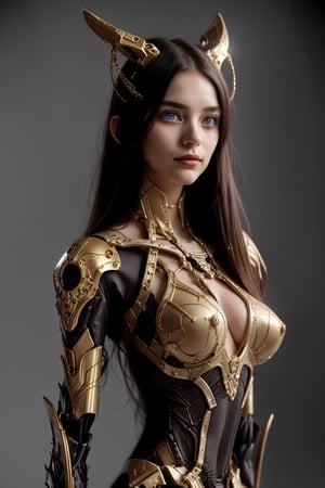 (photorealistic: 1.2),  good anathomy, good proportions, Her body is made of metals and carbon fiber polished with a golden color, despite being a metallic body she still maintains her feminine face, with delicate features, eyes as blue as the sky, full lips, face gentle. Extremely long hair, very straight hair. Her head is topped with an intricate headdress adorned with sparkling crystals and delicate filigree, adding an air of royalty to her already majestic bearing. Her body is filled with mechanized and moving parts as well as some precious stones representing the royal family. each ending in delicate metal fingers or tentacles. The robotic nature of her form is further emphasized by the way she appears to float effortlessly above the ground, her movements fluid and graceful despite the obvious artificiality of her construction. She stands in a dimly lit chamber, the light reflecting off the polished metal surface of her, casting an otherworldly glow around her.,3va,photorealistic,,Detailedface,perfecteyes eyes