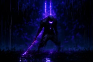 masterpiece, bestquality,I want a sinister man on his knees with the sword in front of him stuck in the ground,sinister guy, aura all over his body, dark, purple lights in the background and a dark sky with the waning moon.,r1ge.,DGQMGirl,perfect light,DonMM4g1c