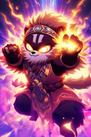 1Ninja tanuki,fighting,7 color Ninja outfit,7 color ancient alchemy God,holding cosmic ball,chanting,7 color shining ancient words everywhere,glowing mantra everywhere,luminous engraving everywhere,seal,strong style,sun king,sun halo,solo,special long white beard,long white eyebrows,gather lightning elixir in the palm of hand,king of glory,focused on  elixir,aim at pill,colorful skin,surrounded by flames,golden butterfly wings,emitting golden light,wearing golden bib short with no shoulder strap on left shoulder,no humans,flame,beam,fire alchemy furnace,thunder pill,crystal cave,crystal background,diamond,gem,tanuki,no human