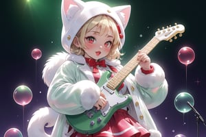 Blonde girl,singing,playing electric guitar,short hair,red eyes,long red eyelashes,red lips,wearing a red snow hat with a white fur ball on the top,a purple starfish on the hat,white fur on the edge of the hat,and a red coat,coat with gold buttons,green skirt,green bow on the neck,green sneakers,gold laces, no gloves,singing in front of microphone,sleeping furry white cat audience,white cat wearing a pink bow on head,surrounded by bubbles,shining point,concert,colorful stage lighting,no people,Tetris game background,anime