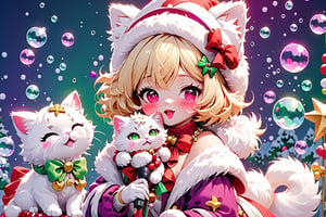 Blonde girl,close eyes,short hair,ruby-like eyes,long red eyelashes,red lips, wearing a red snow hat with a white fur ball on the top,a purple starfish on the hat,white fur on the edge of the hat,and a red coat,coat with gold buttons,green skirt,green bow on the neck,green sneakers,gold laces, no gloves,singing in front of microphone,sleeping furry white cat audience,white cat wearing a pink bow on its head,surrounded by bubbles,shining point,concert,colorful stage lighting,no people,Tetris game background