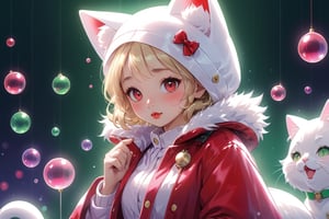 Blonde girl,singing,playing electric guitar,short hair,red eyes,long red eyelashes,red lips,wearing a red snow hat with a white fur ball on the top,a purple starfish on the hat,white fur on the edge of the hat,and a red coat,coat with gold buttons,green skirt,green bow on the neck,green sneakers,gold laces, no gloves,singing in front of microphone,sleeping furry white cat audience,white cat wearing a pink bow on head,surrounded by bubbles,shining point,concert,colorful stage lighting,no people,Tetris game background,anime