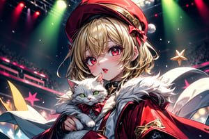 vtuber,Blonde girl,short hair,ruby-like eyes,red eyes,long red eyelashes,red lips, wearing a red snow hat with a white fur ball on the top,a purple starfish on the hat,white fur on the edge of the hat,and a red coat,coat with gold buttons,green skirt,green bow on the neck,green sneakers,gold laces,singing in front of microphone,holding a sleeping furry white cat,white cat wearing a pink bow on its head,surrounded by bubbles,shining point,concert,colorful stage lighting,no people,Tetris game background