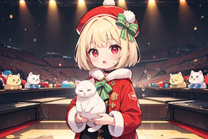 vtuber,Blonde girl,short hair,ruby-like eyes,red eyes,long red eyelashes,red lips, wearing a red snow hat with a white fur ball on the top,a purple starfish on the hat,white fur on the edge of the hat,and a red coat,coat with gold buttons,green skirt,green bow on the neck,green sneakers,gold laces,singing in front of microphone,holding a sleeping furry white cat,white cat wearing a pink bow on its head,surrounded by bubbles,shining point,concert,colorful stage lighting,no people,Tetris game background