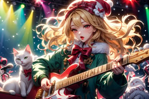 Blonde girl,singing,playing electric guitar,long hair,red eyes,long red eyelashes,red lips,wearing a red snow hat with a white fur ball on the top,a purple starfish on the hat,white fur on the edge of the hat,and a red coat,coat with gold buttons,green skirt,green bow on the neck,green sneakers,gold laces, no gloves,singing in front of microphone,sleeping furry white cat audience,white cat wearing a pink bow on head,surrounded by bubbles,shining point,concert,colorful stage lighting,no people,Tetris game background,anime