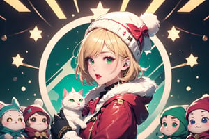 Blonde girl,short hair,red eyes,long red eyelashes,red lips, wearing a red snow hat with a white fur ball on the top,a purple starfish on the hat,white fur on the edge of the hat,and a red coat,coat with gold buttons,green skirt,green bow on the neck,green sneakers,gold laces, no gloves,singing in front of microphone,surrounded by sleeping furry white cat,white cat wearing a pink bow on its head,surrounded by bubbles,shining point,concert,colorful stage lighting,no people,Tetris game background