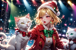 Blonde girl,singing,playing electric guitar,short hair,red eyes,long red eyelashes,red lips,wearing a red snow hat with a white fur ball on the top,a purple starfish on the hat,white fur on the edge of the hat,and a red coat,coat with gold buttons,green skirt,green bow on the neck,green sneakers,gold laces, no gloves,singing in front of microphone,sleeping furry white cat audience,white cat wearing a pink bow on head,surrounded by bubbles,shining point,concert,colorful stage lighting,no people,Tetris game background,anime