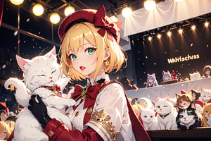 Blonde girl,short hair,ruby-like eyes,long red eyelashes,red lips, wearing a red snow hat with a white fur ball on the top,a purple starfish on the hat,white fur on the edge of the hat,and a red coat,coat with gold buttons,green skirt,green bow on the neck,green sneakers,gold laces, no gloves,singing in front of microphone,holding a sleeping furry white cat,white cat wearing a pink bow on its head,surrounded by bubbles,shining point,concert,colorful stage lighting,no people,Tetris game background