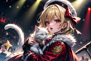 vtuber,Blonde girl,short hair,ruby-like eyes,red eyes,long red eyelashes,red lips, wearing a red snow hat with a white fur ball on the top,a purple starfish on the hat,white fur on the edge of the hat,and a red coat,coat with gold buttons,green skirt,green bow on the neck,green sneakers,gold laces,singing in front of microphone,holding a sleeping furry white cat,white cat wearing a pink bow on its head,surrounded by bubbles,shining point,concert,colorful stage lighting,no people,Tetris game background