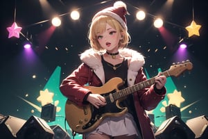 solo,Blonde woman,singing,playing electric guitar,short hair,red eyes,long red eyelashes,red lips,wearing a red snow hat with a white fur ball on the top,a purple starfish on the hat,white fur on the edge of the hat,and a red coat,coat with gold buttons,green skirt,green bow on the neck,green sneakers,gold laces, no gloves,singing in front of microphone,sleeping furry white cat audience,white cat wearing a pink bow on head,surrounded by bubbles,shining point,concert,colorful stage lighting,no people,Tetris game background