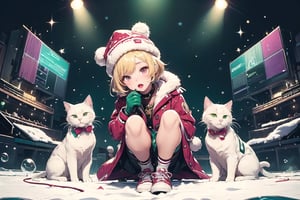 Blonde girl,short hair,red eyes,long red eyelashes,red lips, wearing a red snow hat with a white fur ball on the top,a purple starfish on the hat,white fur on the edge of the hat,and a red coat,coat with gold buttons,green skirt,green bow on the neck,green sneakers,gold laces, no gloves,singing in front of microphone,surrounded by sleeping furry white cat,white cat wearing a pink bow on its head,surrounded by bubbles,shining point,concert,colorful stage lighting,no people,Tetris game background