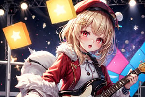 Blonde woman,singing,playing electric guitar,short hair,red eyes,long red eyelashes,red lips,wearing a red snow hat with a white fur ball on the top,a purple starfish on the hat,white fur on the edge of the hat,and a red coat,coat with gold buttons,green skirt,green bow on the neck,green sneakers,gold laces, no gloves,singing in front of microphone,sleeping furry white cat audience,white cat wearing a pink bow on head,surrounded by bubbles,shining point,concert,colorful stage lighting,no people,Tetris game background,anime