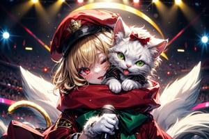 vtuber,Blonde girl,short hair,ruby-like eyes,red eyes,long red eyelashes,red lips, wearing a red snow hat with a white fur ball on the top,a purple starfish on the hat,white fur on the edge of the hat,and a red coat,coat with gold buttons,green skirt,green bow on the neck,green sneakers,gold laces,singing in front of microphone,holding a sleeping furry white cat,white cat wearing a pink bow on its head,surrounded by bubbles,shining point,concert,colorful stage lighting,no people,Tetris game background