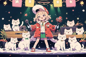 solo,Blonde woman,singing,playing electric guitar,short hair,red eyes,long red eyelashes,red lips,wearing a red snow hat with a white fur ball on the top,a purple starfish on the hat,white fur on the edge of the hat,and a red coat,coat with gold buttons,green skirt,green bow on the neck,green sneakers,gold laces, no gloves,singing in front of microphone,sleeping furry white cat audience,white cat wearing a pink bow on head,surrounded by bubbles,shining point,concert,colorful stage lighting,no people,Tetris game background,5_figners